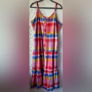 Evereve Sofia Summer Boho Plaid Tiered Midi Dress w Pockets size XL